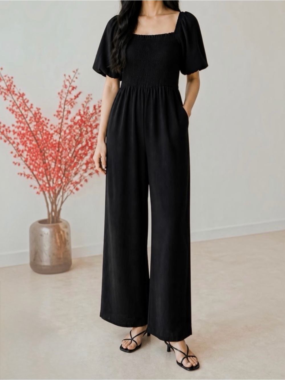 Petal & Pup Smocked Puff Sleeve Wide Leg Jumpsuit Size XL